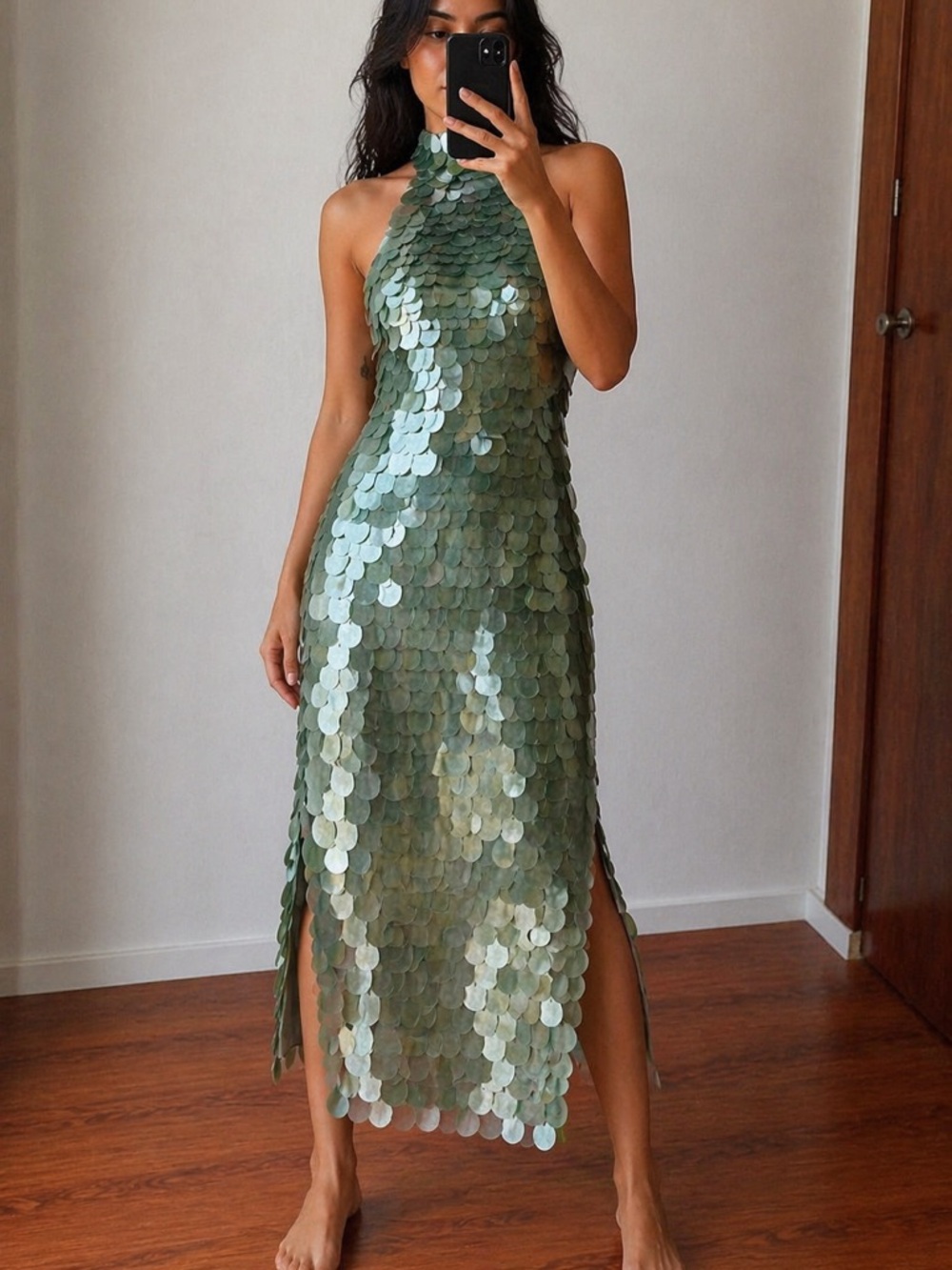 ASOS Sage Green Big Sequin Halter Midi Dress